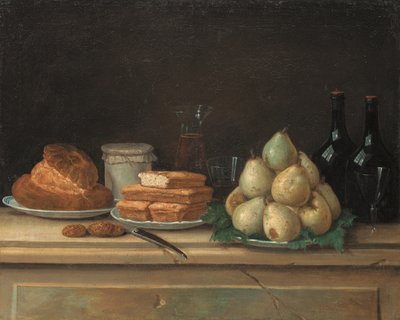 Pêras e pão sobre pratos, com garrafas de vinho e copos sobre uma saliência de pedra (óleo sobre tela) de Claude Joseph Fraichot
