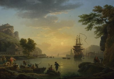 Uma paisagem ao pôr do sol com os pescadores retornando com suas capturas, 1773 de Claude Joseph Vernet