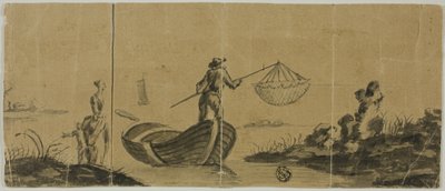 Chinoiserie com homem pescando de barco, mulher e criança em pé na costa de Claude Joseph Vernet