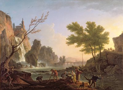 Pescador, em, um, paisagem, com, um, cascata, e, um, ponte de Claude Joseph Vernet