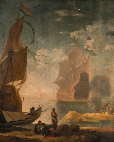 Cena do porto com navio de guerra e figuras em um cais, 1825. de Claude Joseph Vernet