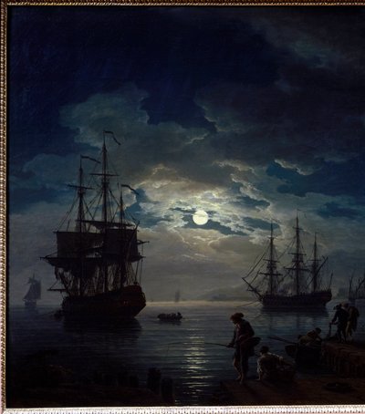 Pesca ao luar Vista nocturna de um porto. Detalhe. Pintura de Joseph Vernet (1714-1789) 1773 Paris, Musee du Louvre de Claude Joseph Vernet