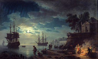 Pesca ao luar Vista noturna de um porto com homens fazendo uma fogueira. Pintura de Joseph Vernet de Claude Joseph Vernet