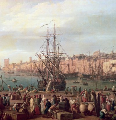 Vista de manhã do porto interior de Marselha e o Pavilhão do Horloge du Parc, 1754 (detalhe de 156103) de Claude Joseph Vernet