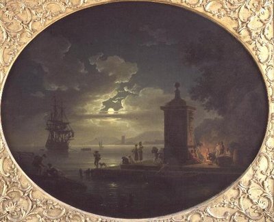 Boa noite: Uma paisagem costeira iluminada pelo luar com Fisherfolk junto a um incêndio num cais, um homem de guerra além de Claude Joseph Vernet