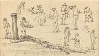 Figuras do cais e um comprimento de corda preso a um poste de amarração de Claude Joseph Vernet