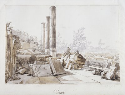 Ruínas do Templo de Serapis em Pozzuoli, 1750 (caneta e tinta e lavagem sobre giz preto sobre papel) de Claude Joseph Vernet