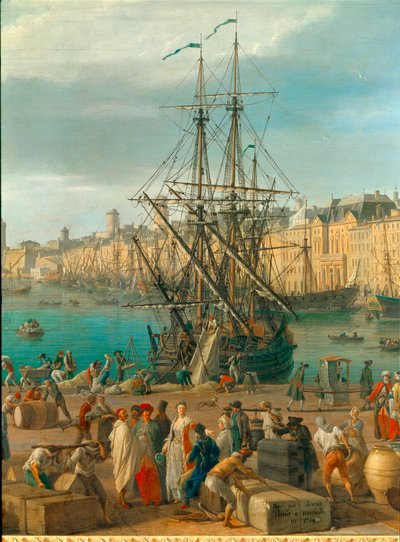 O porto de Marselha no século XVIII Detalhe representando a descarga de mercadorias. Pintura de Joseph Vernet (1714-1789) Paris do século XVIII. Museu da Marinha de Claude Joseph Vernet