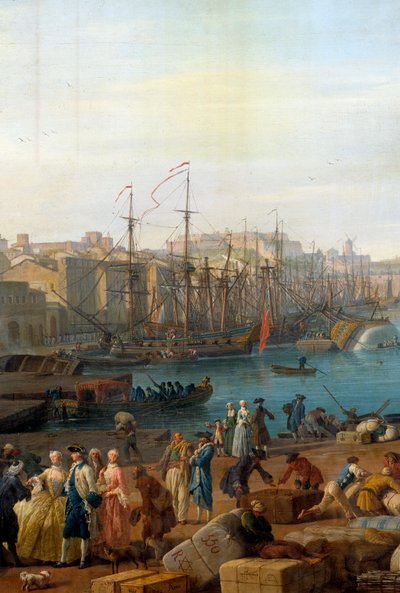 O porto de Marselha no século XVIII Detalhe representando a descarga de mercadorias. Pintura de Joseph Vernet (1714-1789) de Claude Joseph Vernet