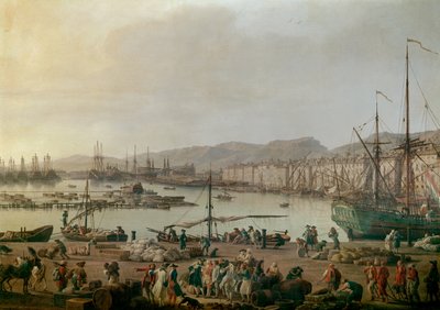 Vista do porto de Toulon Detail, o antigo porto, vista da costa das lojas. Pintura de Joseph Vernet (1714-1789) 1756. Paris, Musee de la Marine - Vista do Porto Marítimo de Toulon. Detalhe. Pintura de Joseph Vernet (1714-1789), óleo sobre tela. de Claude Joseph Vernet