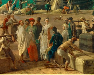 detalhe de: O porto de Marselha no século XVIII" Detalhe representando a descarga de mercadorias. Pintura de Joseph Vernet (1714-1789) Paris do século XVIII. Museu da Marinha de Claude Joseph Vernet