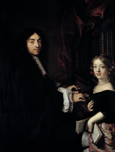 Retrato do organista Charles Couperin (1638-1679) com a filha do pintor Pintura de Claude Lefebvre (1632-1675) Sol do século XVII. 1,27x0,96 m de Claude Lefebvre