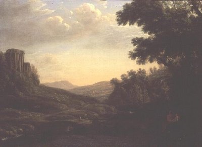 Extensa Paisagem arborizada com Templo em Ruínas (óleo sobre tela) de Claude Lorrain