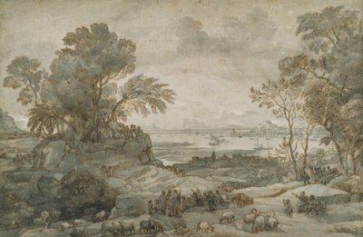 Paisagem com Cristo Pregando o Sermão da Montanha (caneta e tinta marrom com lavagem cinza sobre papel) de Claude Lorrain