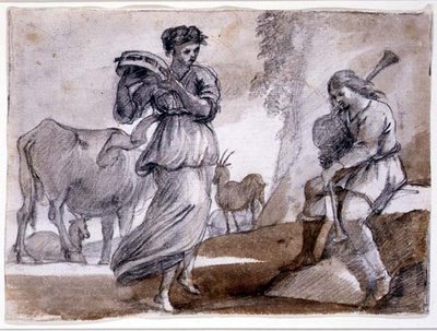 Dança Rural (giz preto e vermelho e lavagem em papel) de Claude Lorrain