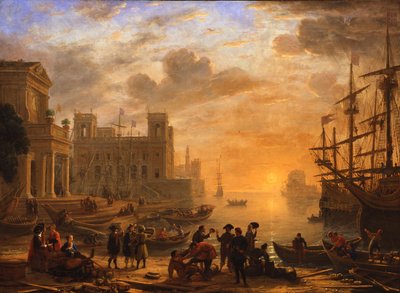 Uma paisagem de porto ao pôr do sol de Claude Lorrain