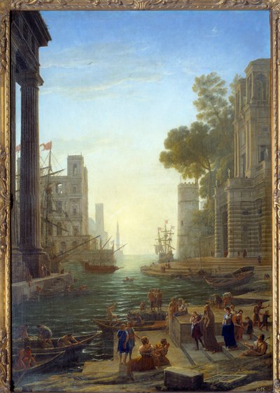 Paisagem com o barco de Santa Paula Romana em Ostia. Santa Paula deixa seus filhos para viajar para a Terra Santa. Tela, 211 x 145 cm - Embarque de Sainte Paule a Óstia. São Paule (347-404 ou 407), viúva romana, discípula de São Jerônimo. Pintura de Cl de Claude Lorrain