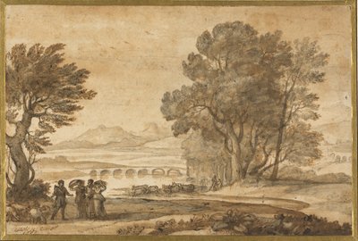 Paisagem de um rio arborizado com Jacob, Labão e as suas filhas de Claude Lorrain
