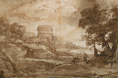 Paisagem com torre redonda e baía de Claude Lorrain