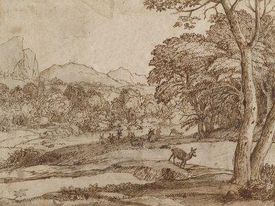 Paisagem com um Rebanho de Veados, 1666 (giz preto, esfregado, com caneta e tinta marrom sobre papel branco sujo) de Claude Lorrain