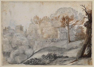 Paisagem com árvores e edifícios de Claude Lorrain