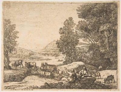 Pastor e pastora conversando em uma paisagem, ca. 1651. de Claude Lorrain