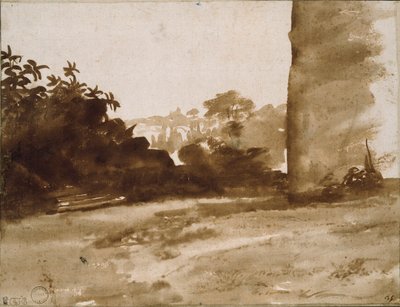 Vista de arbustos com uma parede à direita, c1640 de Claude Lorrain