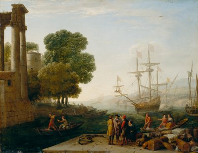 Um porto no por do sol, 1643 (óleo no painel de cobre) de Claude Lorrain