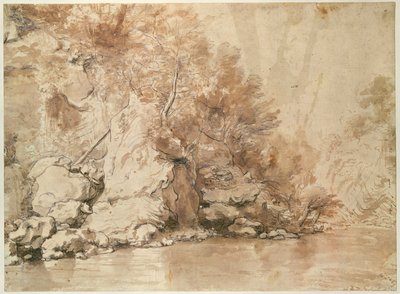 Um estudo para uma paisagem (caneta e bistre e lavar no papel) de Claude Lorrain