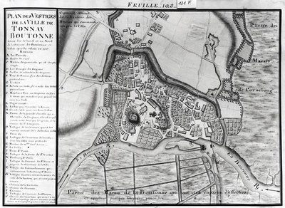 Fol.105 Mapa da cidade de Tonnay-Boutonne, de Recueil des Plans de Saintonge (caneta e tinta e wc sobre papel) de Claude Masse