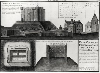 Fol.106 Corte transversal e desenho de perfil do Tour de Ganne em Tonnay Boutonne, do Recueil des Plans de Saintonge (caneta e tinta e wc no papel) de Claude Masse