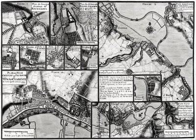 Fol.7 & 98 Mapa das cidades e castelos situados ao longo do rio Charente em 1714, a partir de Recueil des Planos de Saintonge (caneta e tinta e wc no papel) de Claude Masse