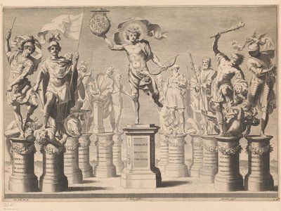 Alegoria em honra da Casa de Sabóia com figuras lendárias em pedestais de Claude Mellan