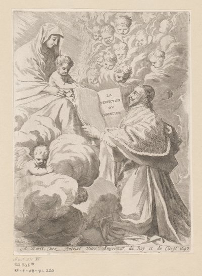 Armand-Jean du Plessis Duque de Richelieu apresenta um livro a Maria com o Menino Página de título para: Armand-Jean du Plessis Duque de Richelieu, Traité de la perfectition du chrétien de Claude Mellan