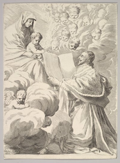 O Cardeal Richelieu, Ajoelhado, Apresenta Seu Livro à Virgem e ao Menino, ca. 1646 de Claude Mellan