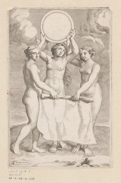 Três Graças com um medalhão
Página de título para: Balthazar de Vias, Charitum libri tres, 1660 de Claude Mellan