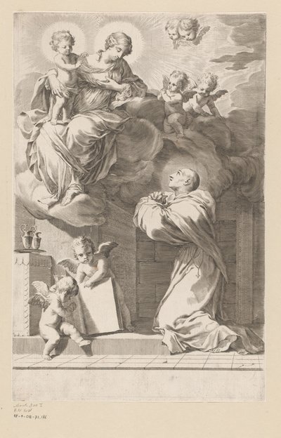 H. São Bernardo ajoelhado antes de uma aparição de Maria com Criança
Página de título para: São Bernardo, Divi Bernardi Abbatis (...), 1640 de Claude Mellan