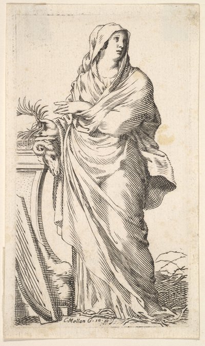 Mulher vestida de pé ao lado de um pedestal, a mão direita tem um galho de palmeira, uma harpa r ..., ca. 1620-88. de Claude Mellan