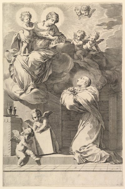 São Bernardo ajoelhado diante da Virgem e Menino, 1640. de Claude Mellan