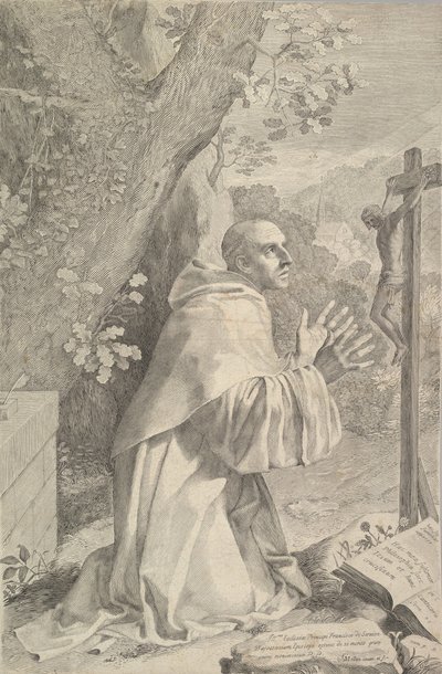 São Bernardo ajoelhado diante de um crucifixo, ca. 1655 de Claude Mellan