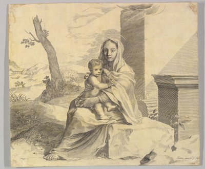 Virgem e Menino sentados em uma rocha Virgem e Menino em ruínas, 1659. de Claude Mellan