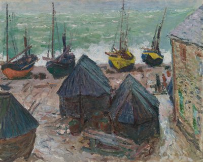 Barcos na praia de Étretat, 1885. de Claude Monet