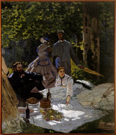 Pequeno almoço na relva Fragmento. Parte esquerda. Lado direito: representação da esquerda para a direita de Gustave Courbet, Camille Doncieux e Frederic Bazille (de pé no centro). Pintura de Claude Monet (1840-1926) 1865-1866 Sol. 2,48x2,17 m Paris, musee de Claude Monet