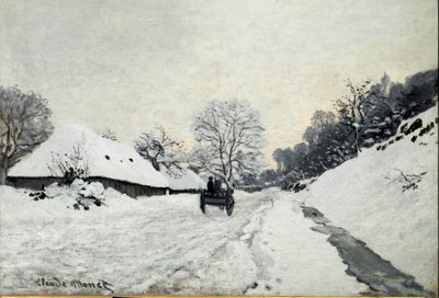 Carrinho, estrada sob neve em Honfleur (Óleo sobre tela de Claude Monet