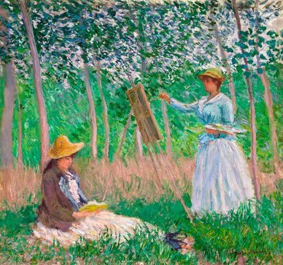Nos bosques de Giverny: Blanche Hoschedé em seu cavalete com Suzanne Hoschedé Reading, 1887 de Claude Monet