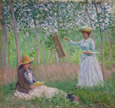 Na floresta em Giverny: Blanche Hoschede em seu cavalete com a leitura de Suzanne Hoschede, 1887 de Claude Monet