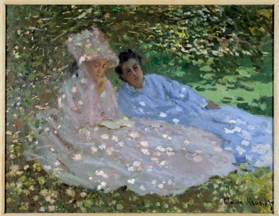 A Sra. Monet e uma amiga no jardim. Duas mulheres sentadas à sombra de uma árvore. Pintura de Claude Monet (1840-1926) de Claude Monet