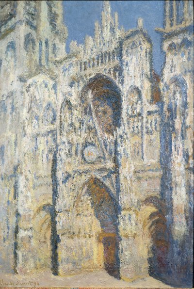 Catedral de Rouen, o portal e a torre Saint Romain, efeito sol pleno, harmonia azul e ouro - óleo sobre tela de Claude Monet