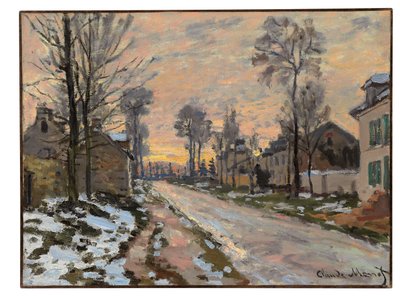 Estrada para Louveciennes, derretendo a neve, pôr do sol, c.1869-70 de Claude Monet