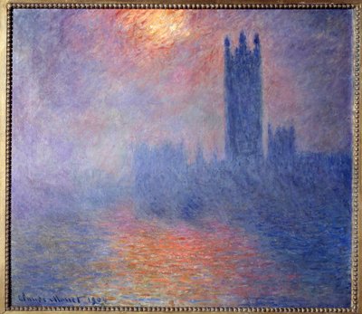 As Casas do Parlamento, em Londres, com o sol a romper o nevoeiro de Claude Monet